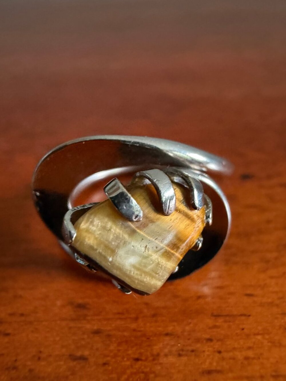Vintage Modernist Silver Tone Tiger’s Eye Sculptural Statement Ring Size 6